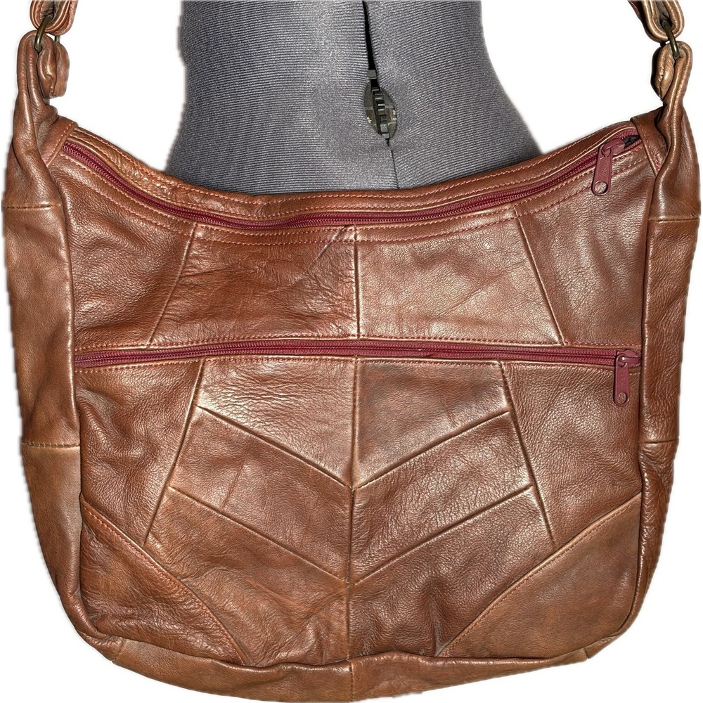 Vintage 90s Distressed Leather Patchwork Slouch Shoulder Bag Boho